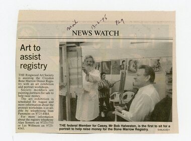 Newspaper, Ringwood Art Society fundraising for Croydon's Bone Marrow Donor Registry in June 1995