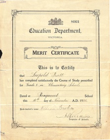 Certificate, Merit Certificate, Education Department Victoria, to Leopold Pratt, Ringwood School (Ringwood State School), 16th September 1920