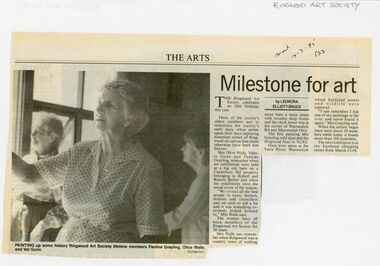 Newspaper, Pauline Grayling celebrating 30th anniversary of Ringwood Art Society in March 1995
