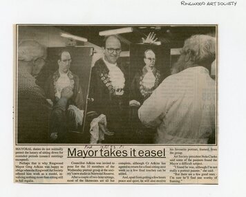Newspaper, Ringwood Mayor, Greg Atkins, modelling for Ringwood Art Society in 1993