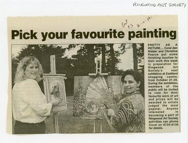 Newspaper, Ringwood Art Society's artists Coral den Ridder and Christine Pearce painting for 1994 exhibition