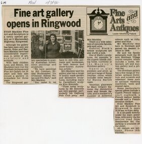 Newspaper, Evan Mackley Fine Art and Sculpture gallery at 5 Maroondah Highway, Ringwood in 1990