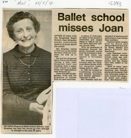 Newspaper, Joan Bradley retires from Ringwood Ballet School in 1991
