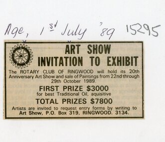 Newspaper, Rotary Art Show ad invitation to exhibit in 1989