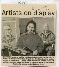 Newspaper, Christine Pearce from Ringwood Art Society getting ready for Eastland show in 1994