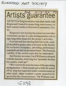 Newspaper, Ringwood Art Society continue to be tenants at Norwood Community Centre in 1994