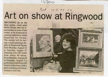 Newspaper, Molly Roche painting for Ringwood Art Society exhibition in 1994