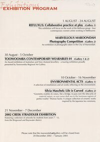 Flyer, Exhibition program at Maroondah Gallery 20 December 2002 to 7 January 2003