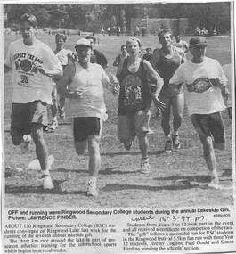 Newspaper, Ringwood Secondary College students during the annual Lakeside Gift. Picture: Lawrence Pinder. The Mail, 15-03-94 Page 7