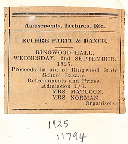 Newspaper, Ringwood State School - Newspaper Clipping September 1924 - Euchre Party and Dance Fund Raiser