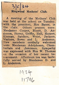 Newspaper, Ringwood State School - Newspaper Clipping 3/5/1934 - Mothers Club Meeting notes