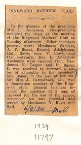 Newspaper, Ringwood State School - Newspaper Clipping 6/9/1934 - Mothers Club Meeting notes
