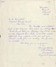 Letter, Ringwood State School - Letter to Town Clerk Ringwood re First Annual Ball at Ringwood Town Hall 3/5/1939