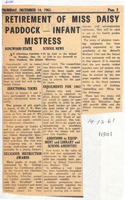 Newspaper, Ringwood State School - Newspaper Clipping 14/12/1961 - "Retirement of Miss Daisy Paddock - Infant Mistress" and other School news
