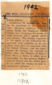 Newspaper, Ringwood State School - Newspaper Clipping November 1942 - "School Library"
