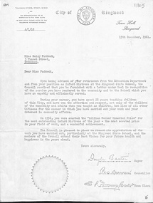 Letter, City of Ringwood letter "Under Seal"  recognising the service of Miss Daisy Paddock to Ringwood State School on her retirement. 15 December 1961