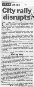 Newspaper, City rally disrupts - NEWS watch - The Mail, October 12th, 1993, Page 7. By Leonara Elliott-Bruce