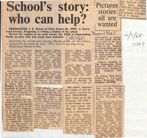 Newspaper, Ringwood State School - Newspaper Clipping  10/7/1968 - "School's Story - Who can Help?" - School History Project