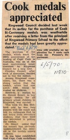 Newspaper, Ringwood State School - Newspaper Clipping  6/5/1970 - "Cook Medals Appreciated"