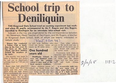 Newspaper, Ringwood State School - Newspaper Clipping  2/10/1968 - "School Trip to Deniliquin"