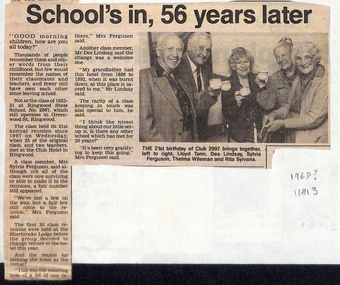 Newspaper, Ringwood State School - Newspaper Clipping  undated (possibly 1988) - "School's In, 56 years later"