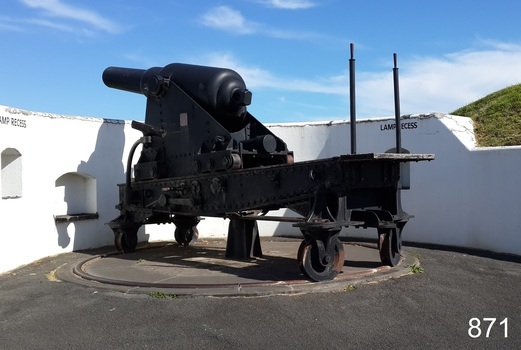 Large cannon on its metal carriage rail