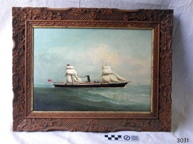Oil painting is mounted in a carved wooden fram. Steam-and-sail ship is at sea wit land nearby.