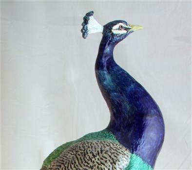 Feathers on the peacock are made by fine brush strokes on the porcelain  