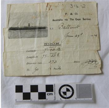 Ticket with printed text and ship image, completed with handwriting, on cream paper