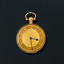 Upright gold pocket watch against a dark blue background