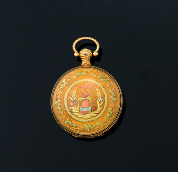 Intricate engraving on the back of the watch case