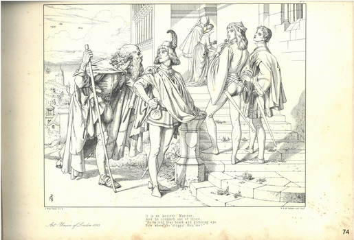 Illustration; old man and three young men at steps of a building.  Text of poem's verse,  with initials and names of artist, lithographer, and publisher.