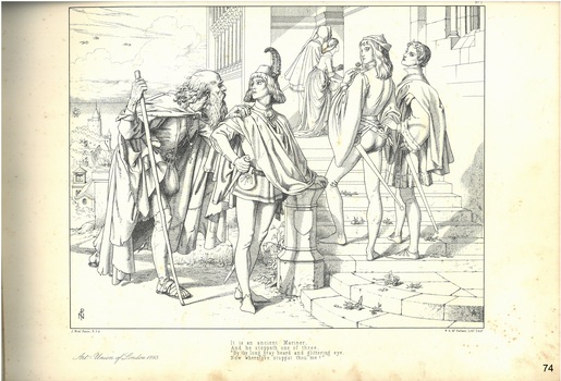 Illustration; old man and three young men at steps of a building.  Text of poem's verse,  with initials and names of artist, lithographer, and publisher.