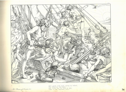 Illustration of men amongst ship's rigging, n a ship, large bird in sky, man with crossbow, mon polishing armour, man with harpoons.
