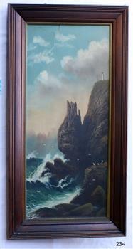 There are hight rocky cliffs on the right side of the painting. On the top of highest cliff is a lighthouse and flagstaff. There are birds like seagulls flying. Waves are crashing and foaming on the base of the cliffs.