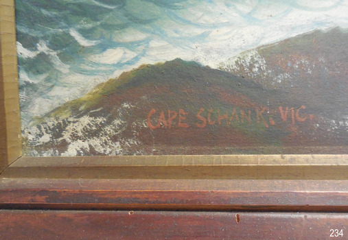 Painted using red-brown paint, in capital letters “CAPE SCHANK, VIC.”