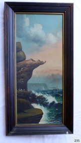 Eagle Rock is on the left of the painting, with some sea birds perched on it. Waves are crashing at the base. Looking past the rock, there are two yachts seailing in the sea and a steamship travelling along, smoke blowing towards the coast. The shadowy shape of more cliffs are in the background. The blue sky is decorated with puffy white clouds and other misty pink tinged clouds.. 