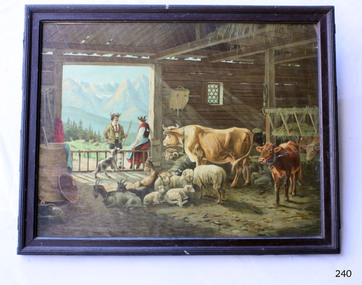 Framed colour print of farm animals in a barn with the door open