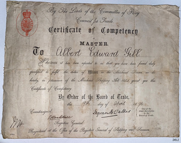 Document - Certificate of Competency, Marine Department, Commonwealth Council for Trade, 1883-1894