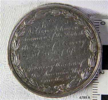 Medal for Bravery awarded Nelson Johnson for bravery in the rescue of lives from the wreck of the Fiji