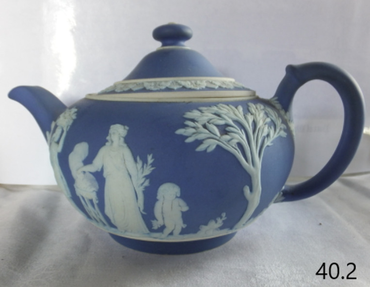 Vintage Brass Teapot Kettle Ceramic Porcelain Blue White Handle Details 