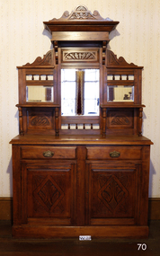 Timber sideboard, two drawers, two cupboards, mirrors behind carved timber upright back