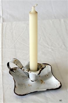 White enameled metal candlestick holder, square with rounded corners, loop handle.