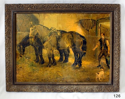 Picture has decorative frame. Colours are faded. Surface is scratched.
