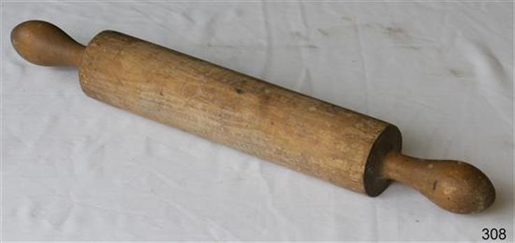 A round wooden cylindrical rolling pin with handles at each end.