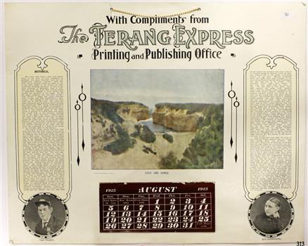 Rectangular calendar includes a picture and two photographs, a calendar and a historical record