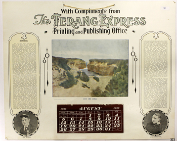 Rectangular calendar includes a picture and two photographs, a calendar and a historical record