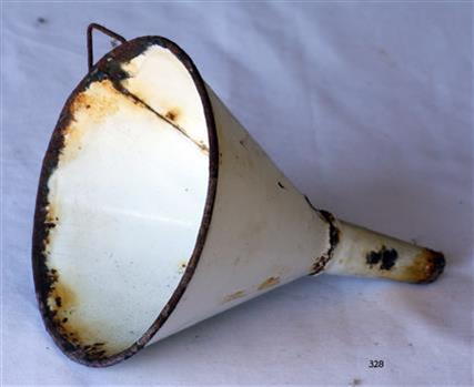  White enamel funnel with dark rusty metal edge around the top.