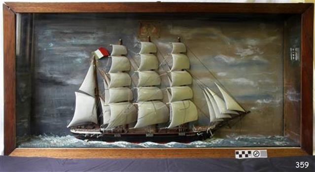 Diorama of a sailing ship in a glass-fronted timber case 