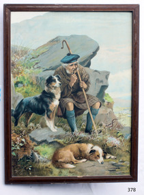 Picture of a Scottish shepherd and his two dogs. The shepherd is sitting smoking his pipe, whilst one dog lies at his feet, and the other is standing alert next to him.